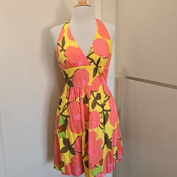 Trina Turk retro style yellow/orange halter sundress, Pre-owned, sz.4 - Picture 2 of 10